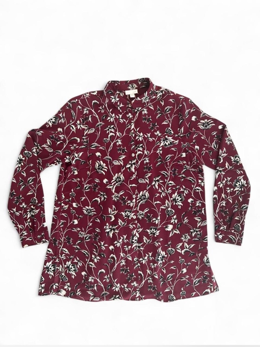 J. Jill Maroon Floral Button-Down Blouse Tunic Women’s Size Small